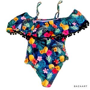 Adorable Tropical One Piece Swimsuit with pompoms around top